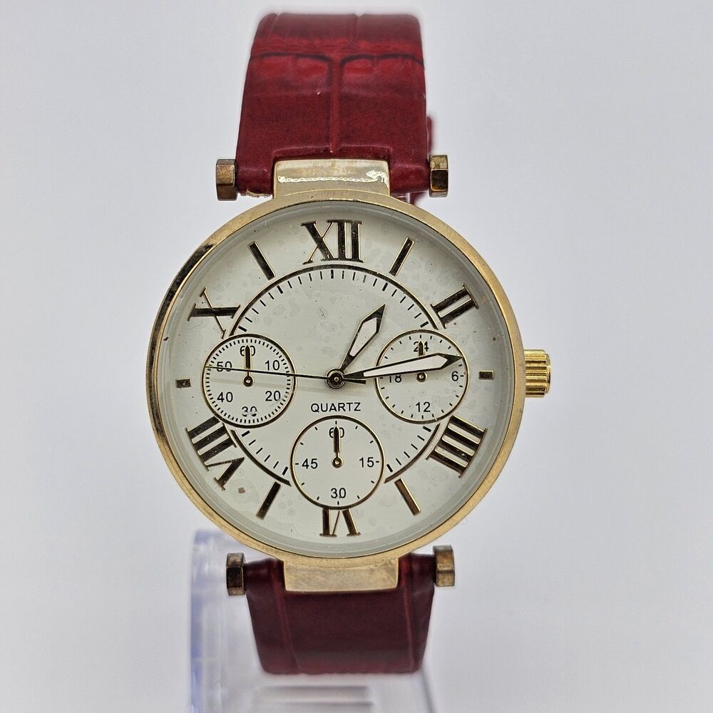 Women's Watch 38MM Cream Dial Roman Numerals Red Faux Leather Bands New Battery